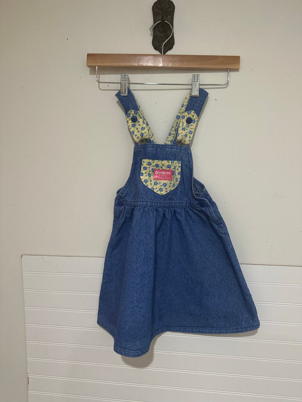 Vintage 80’s90’s OshKosh B'gosh Denim Overall Jumper Dress Yellow Floral Detail